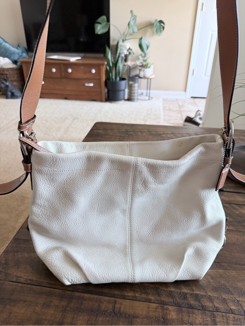 Coach Cream Leather Shoulder Bag with Tan Strap